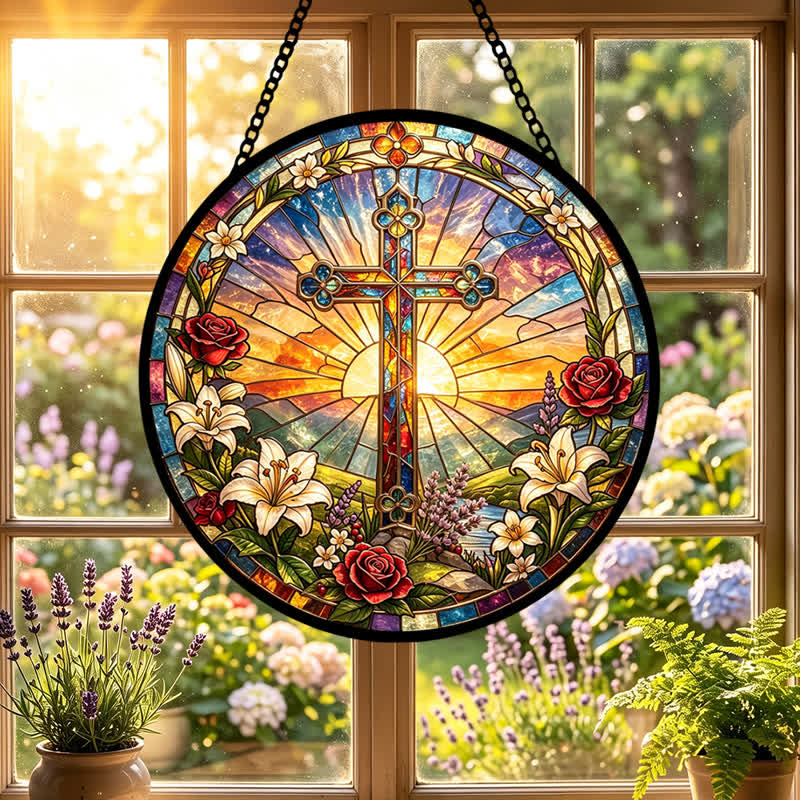 Christianartworkshop Lily & Rose Wreath Cross Glass Suncatcher: Emblem of Gentle Divine Purity - image 5