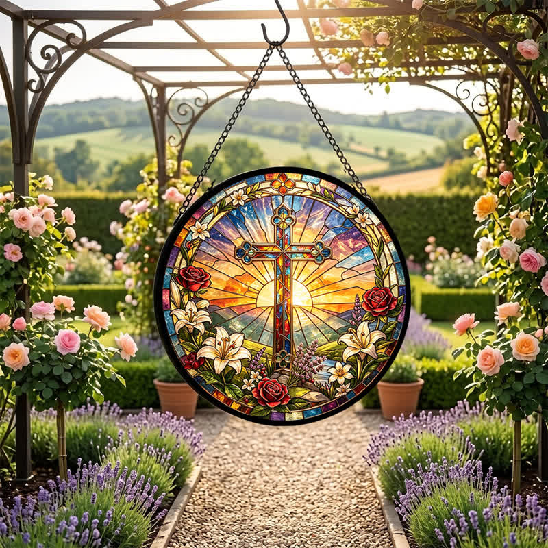 Christianartworkshop Lily & Rose Wreath Cross Glass Suncatcher: Emblem of Gentle Divine Purity - image 6