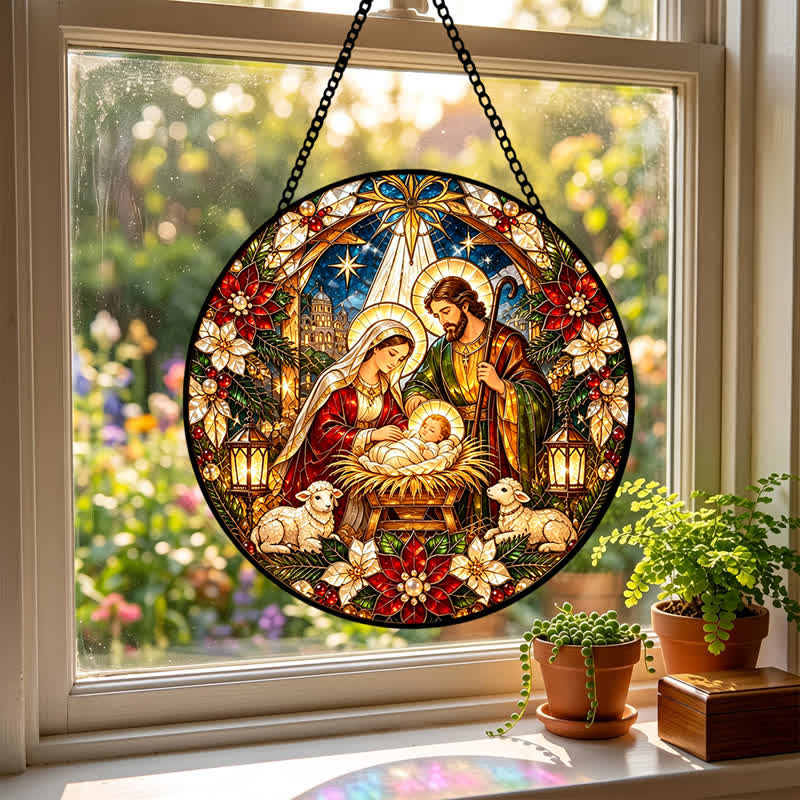 Christianartworkshop Round Stained Glass Nativity Suncatcher: Emblem of Tender Heavenly Arrival - image 2