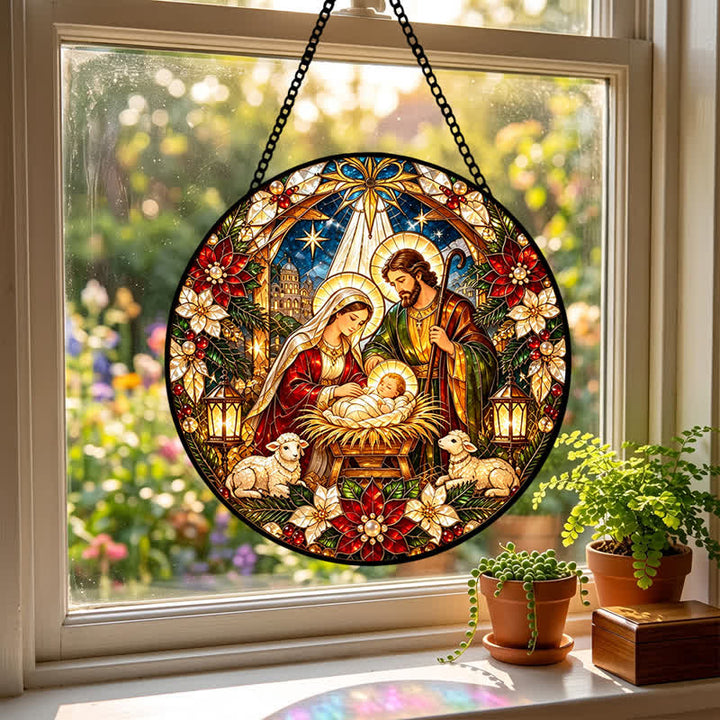 Christianartworkshop Round Stained Glass Nativity Suncatcher: Emblem of Tender Heavenly Arrival - image 2