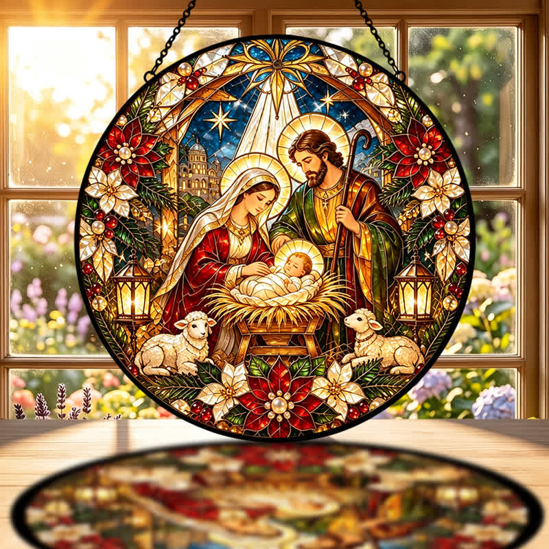 Christianartworkshop Round Stained Glass Nativity Suncatcher: Emblem of Tender Heavenly Arrival - image 1