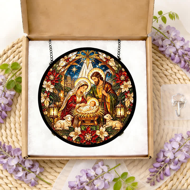Christianartworkshop Round Stained Glass Nativity Suncatcher: Emblem of Tender Heavenly Arrival - image 11