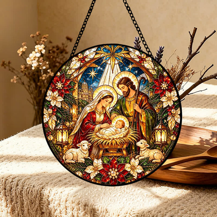 Christianartworkshop Round Stained Glass Nativity Suncatcher: Emblem of Tender Heavenly Arrival - image 5
