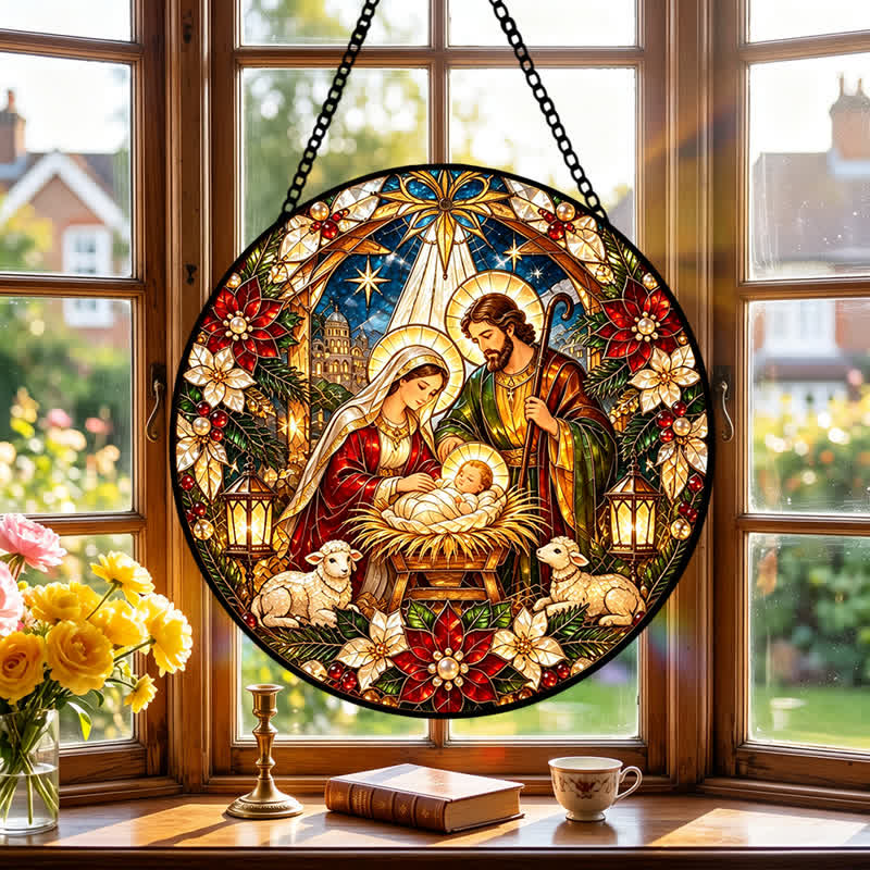 Christianartworkshop Round Stained Glass Nativity Suncatcher: Emblem of Tender Heavenly Arrival - image 4