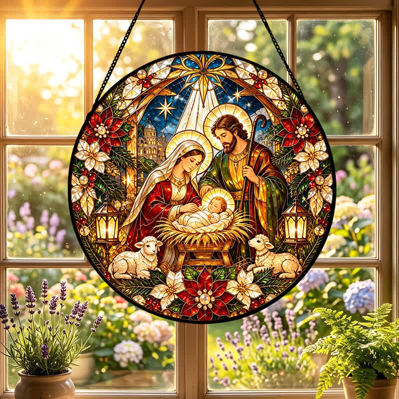 Christianartworkshop Round Stained Glass Nativity Suncatcher: Emblem of Tender Heavenly Arrival - image 0