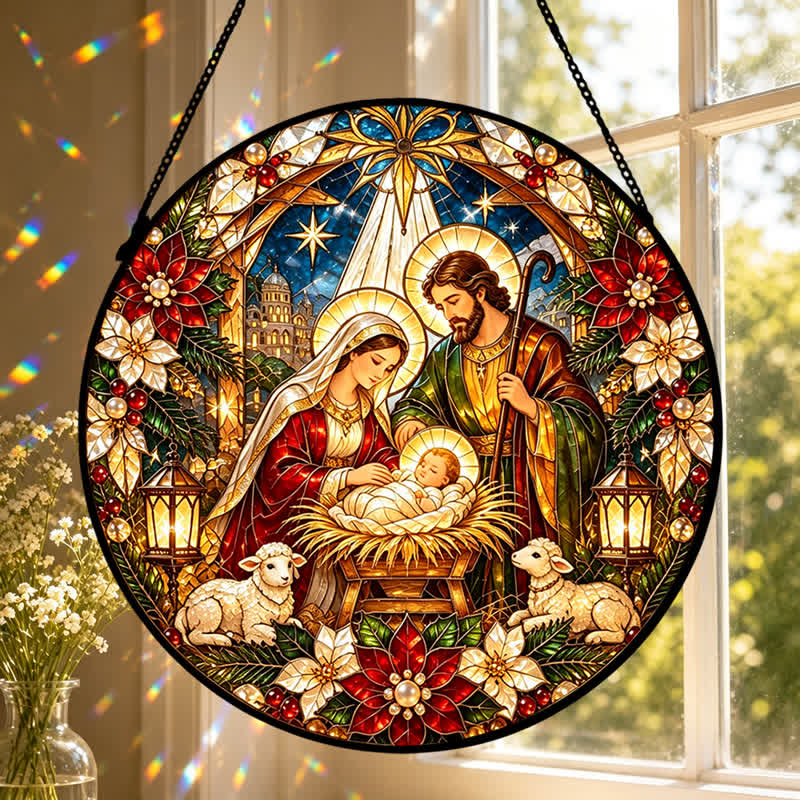 Christianartworkshop Round Stained Glass Nativity Suncatcher: Emblem of Tender Heavenly Arrival - image 6