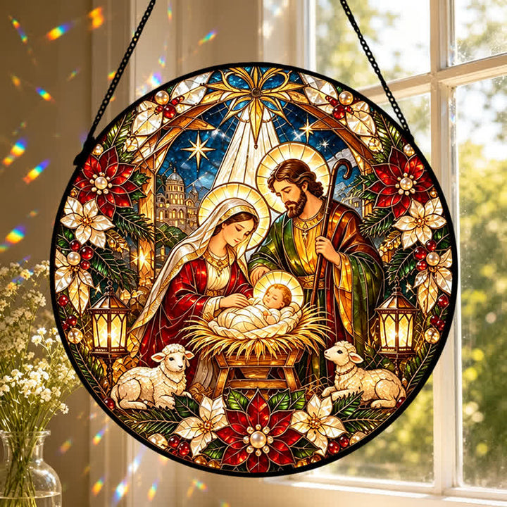 Christianartworkshop Round Stained Glass Nativity Suncatcher: Emblem of Tender Heavenly Arrival - image 6