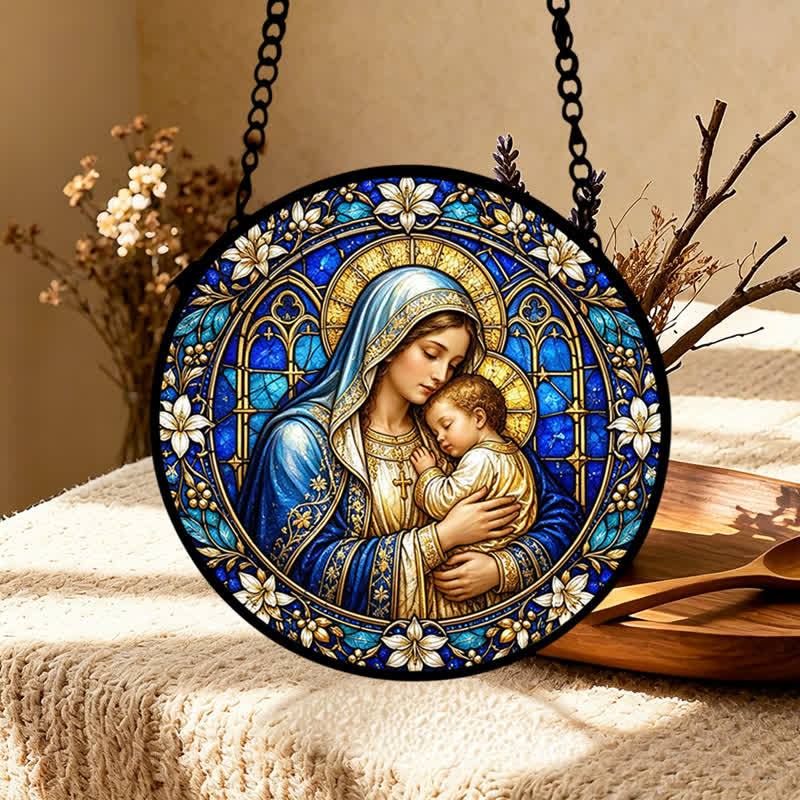 Christianartworkshop Ornate Circular Glass Nativity Suncatcher: Emblem of Serene Divine Tenderness - image 4