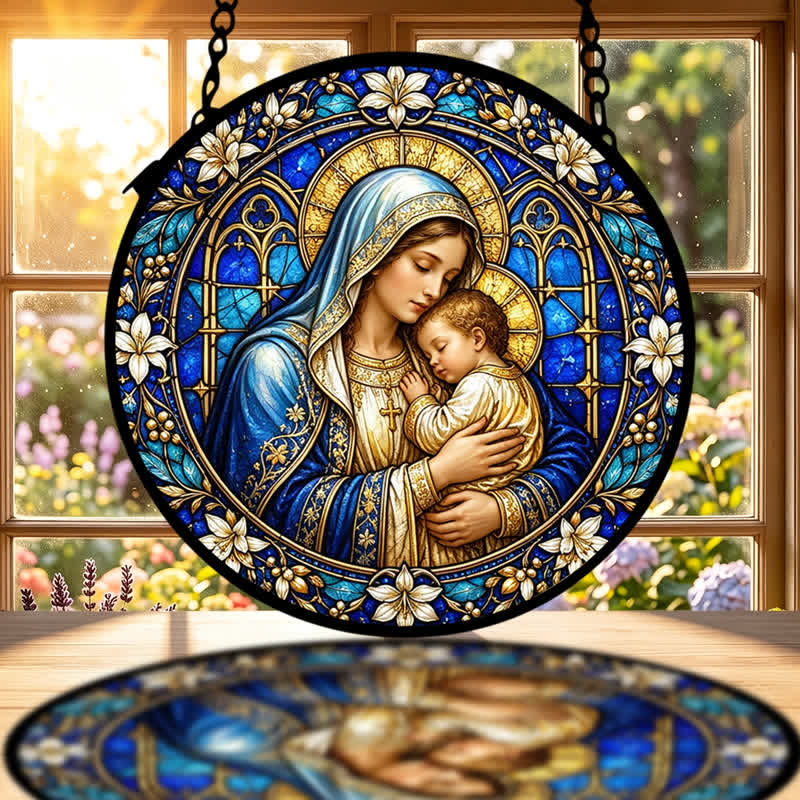 Christianartworkshop Ornate Circular Glass Nativity Suncatcher: Emblem of Serene Divine Tenderness - image 1