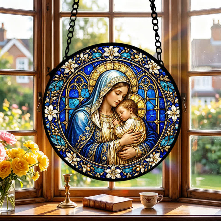 Christianartworkshop Ornate Circular Glass Nativity Suncatcher: Emblem of Serene Divine Tenderness - image 3
