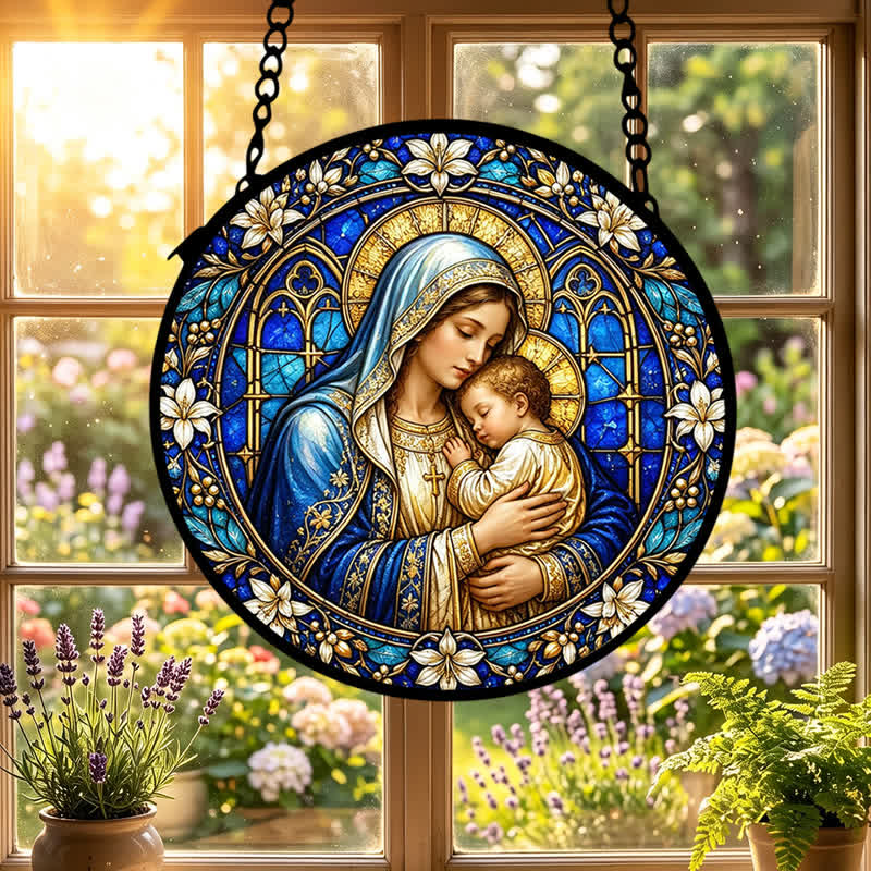 Christianartworkshop Ornate Circular Glass Nativity Suncatcher: Emblem of Serene Divine Tenderness - image 0