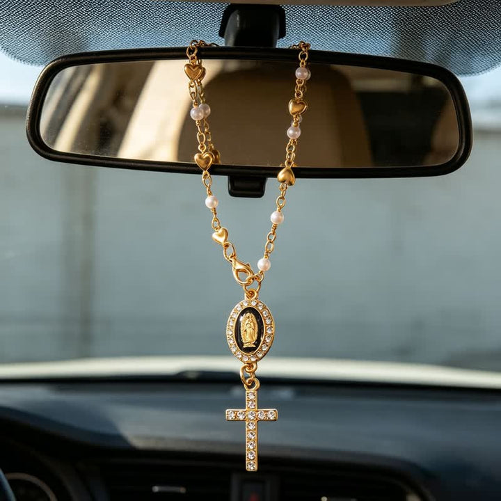 Christianartworkshop Oval Gem Rim Our Lady Cross Car Charm: Sign of Steady Divine Comfort - image 0