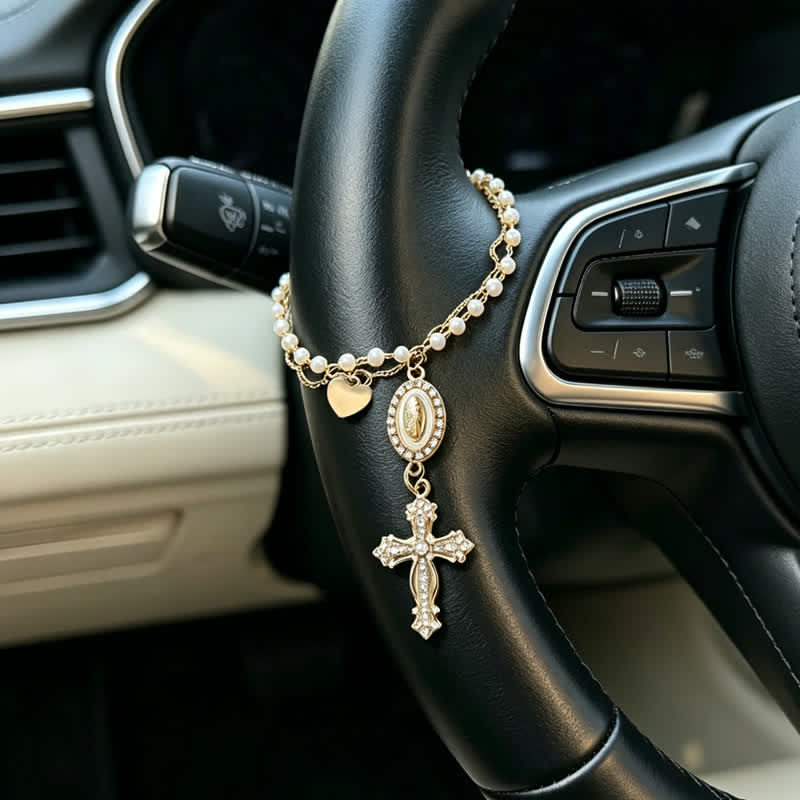 Christianartworkshop Elegant Rosary-Style Natural Crystal Car Pendant: Bearer of Quiet Heavenly Blessing - Our Lady & Cross - image 0