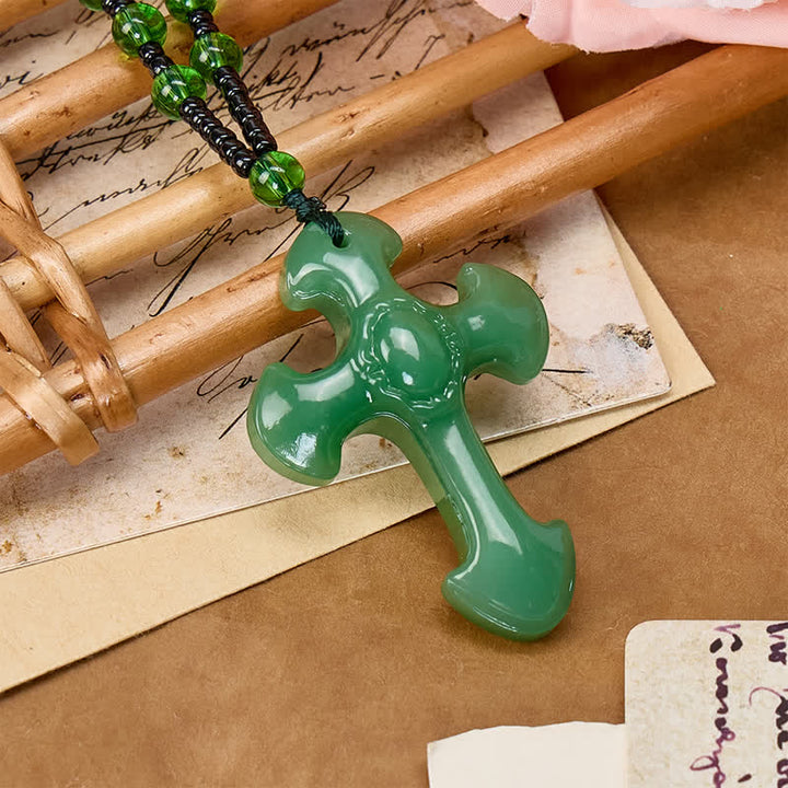 Christianartworkshop Polished Relief Glass Cross Bead Pendant: Sign of Steady Divine Guardianship - Dark Green - image 3