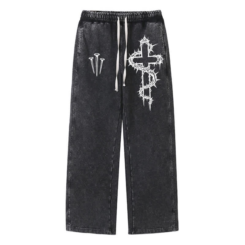 Christianartworkshop Barbed Cross Vintage Fade Street Washed Sweatpants - Black - 2XL - image 0