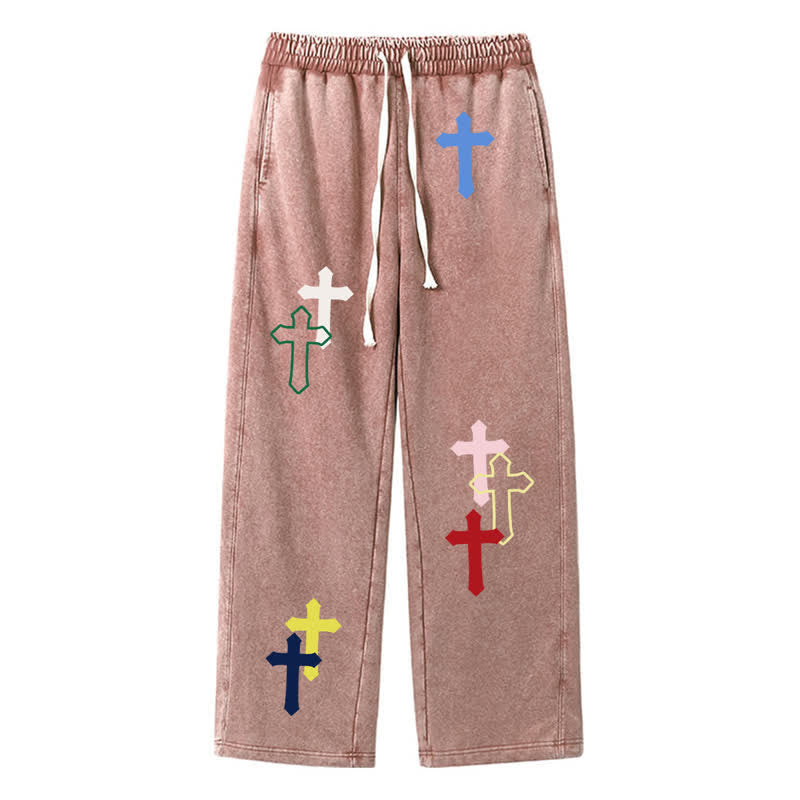 Christianartworkshop Multicolor Cross Streetwear Relaxed Fit Washed Sweatpants - Brown - 2XL - image 42