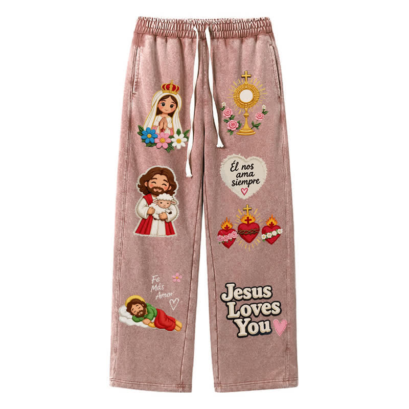 Christianartworkshop Jesus Loves You Pink Faith Art Washed Sweatpants - Brown - 2XL - image 0