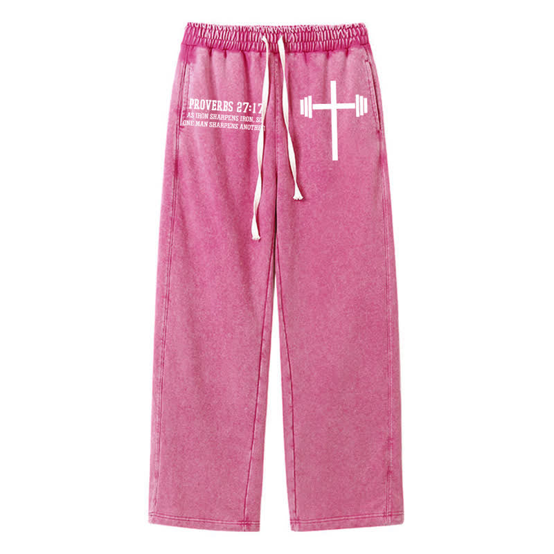Christianartworkshop Proverbs 27 17 Barbell Cross Vintage Washed Sweatpants - Rose - 2XL - image 0