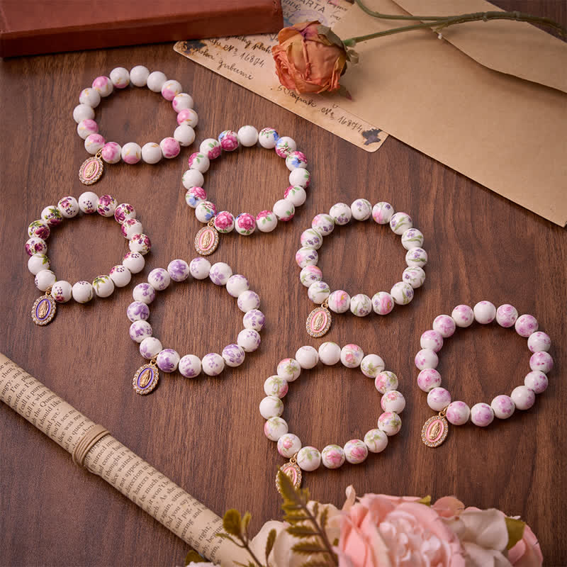 Christianartworkshop Multi‑Pattern Porcelain Bead Prayer Rosary & Our Lady Devotion Emblem: Vintage Floral Blessing - image 1