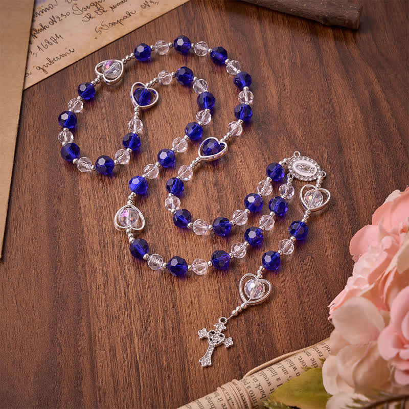 Christianartworkshop Hollow Heart Glass Rosary with Deep Blue Faceted Beads: Token of Abiding Divine Protection - Deep Blue Heart Beads Rosary - image 0