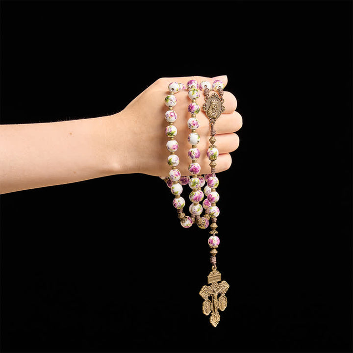 Christianartworkshop Antiqued Bronze Pink Blossom Prayer Rosary with Our Lady Medal & Crucifix - image 1