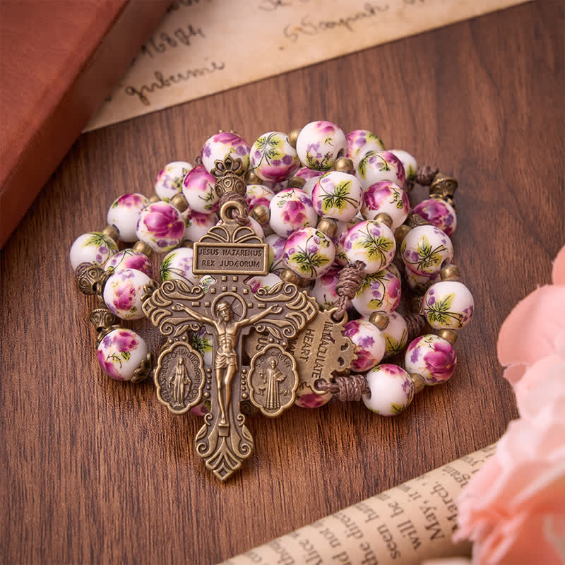 Christianartworkshop Antiqued Bronze Pink Blossom Prayer Rosary with Our Lady Medal & Crucifix - Pink Floral Porcelain Rosary - image 0