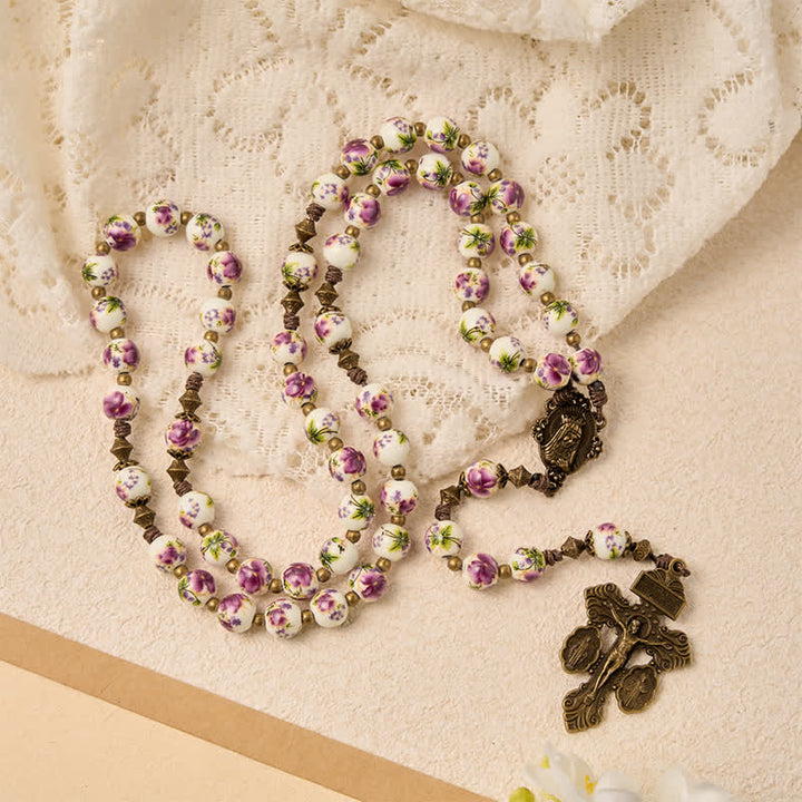 Christianartworkshop Antiqued Bronze Pink Blossom Prayer Rosary with Our Lady Medal & Crucifix - image 2