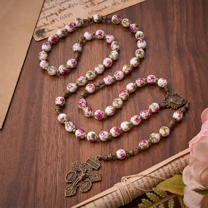 Christianartworkshop Antiqued Bronze Pink Blossom Prayer Rosary with Our Lady Medal & Crucifix - image 3