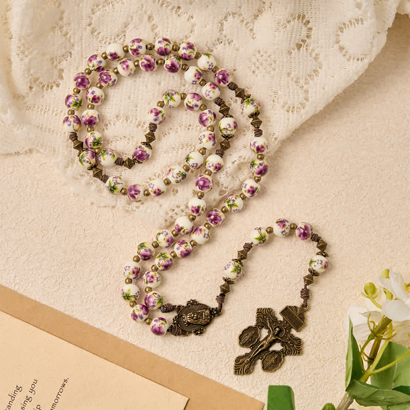 Christianartworkshop Antiqued Bronze Pink Blossom Prayer Rosary with Our Lady Medal & Crucifix - image 5