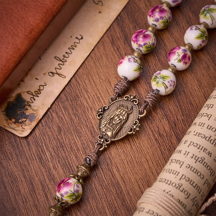 Christianartworkshop Antiqued Bronze Pink Blossom Prayer Rosary with Our Lady Medal & Crucifix - image 6