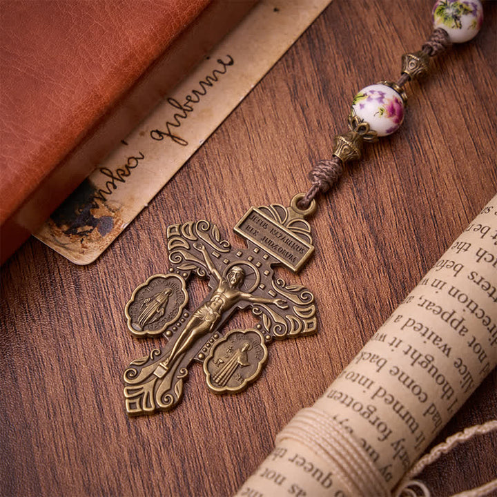 Christianartworkshop Antiqued Bronze Pink Blossom Prayer Rosary with Our Lady Medal & Crucifix - image 8
