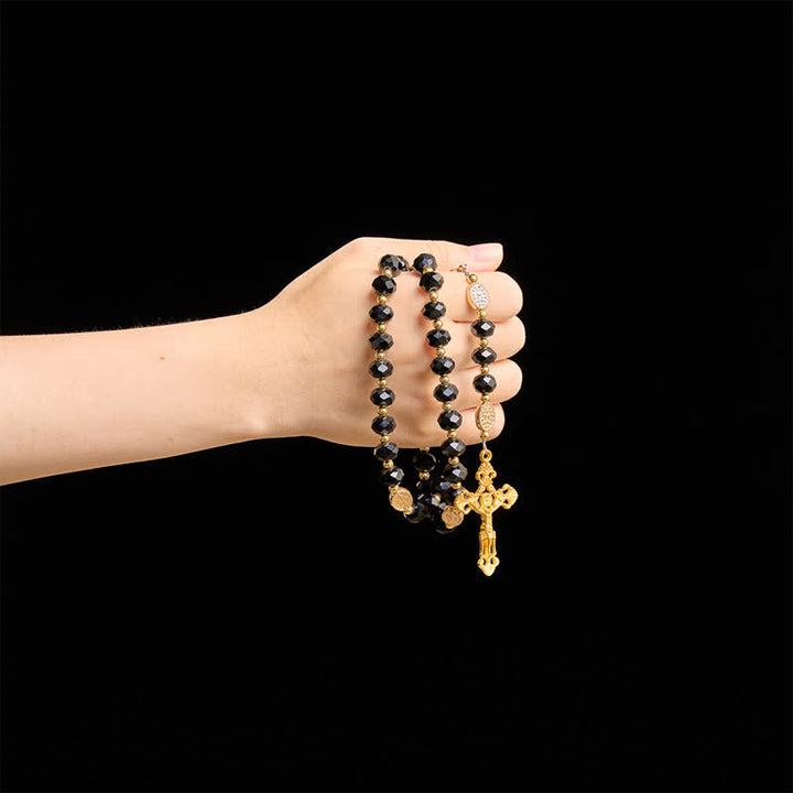 Christianartworkshop Luxe Black Faceted Glass Rosary Featuring Ornate Gilded Crucifix & Our Lady Medal - image 1