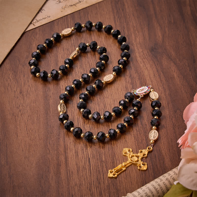 Christianartworkshop Luxe Black Faceted Glass Rosary Featuring Ornate Gilded Crucifix & Our Lady Medal - Black Virgin Mary Rosary - image 0