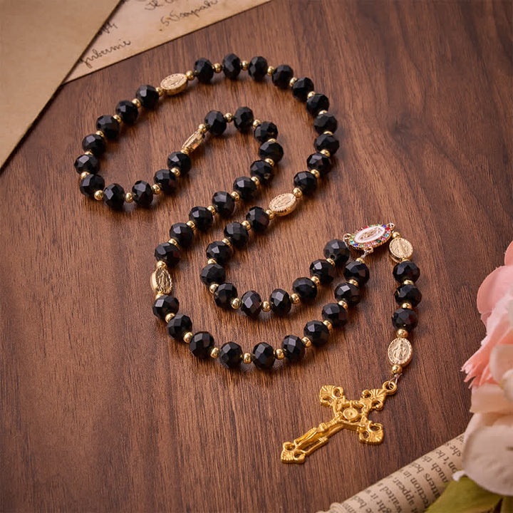 Christianartworkshop Luxe Black Faceted Glass Rosary Featuring Ornate Gilded Crucifix & Our Lady Medal - Black Virgin Mary Rosary - image 0