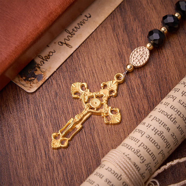 Christianartworkshop Luxe Black Faceted Glass Rosary Featuring Ornate Gilded Crucifix & Our Lady Medal - image 8