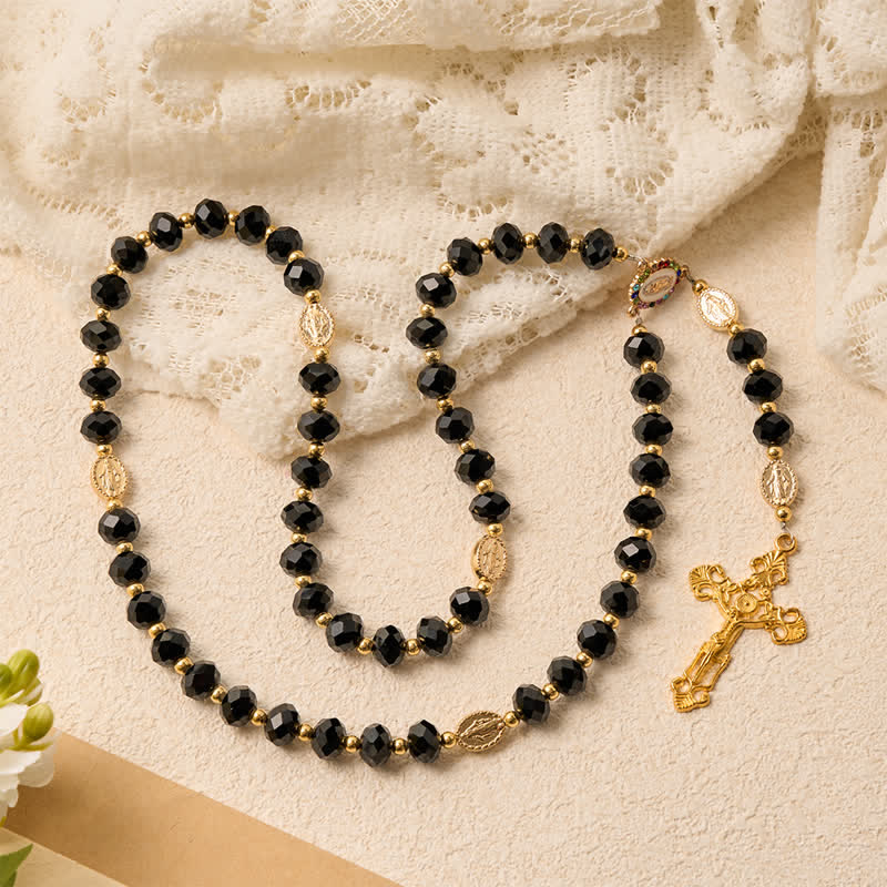 Christianartworkshop Luxe Black Faceted Glass Rosary Featuring Ornate Gilded Crucifix & Our Lady Medal - image 3