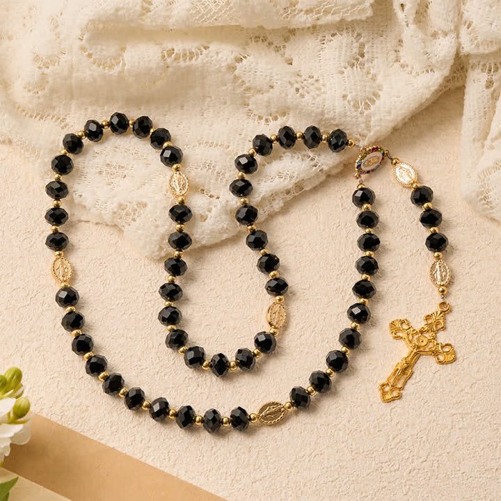 Christianartworkshop Luxe Black Faceted Glass Rosary Featuring Ornate Gilded Crucifix & Our Lady Medal - image 3