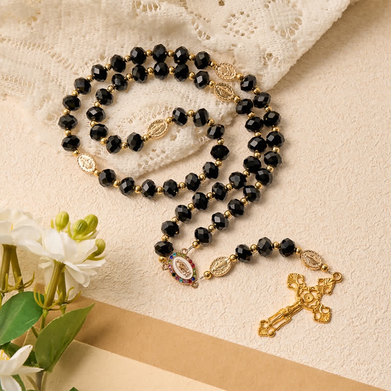 Christianartworkshop Luxe Black Faceted Glass Rosary Featuring Ornate Gilded Crucifix & Our Lady Medal - image 4