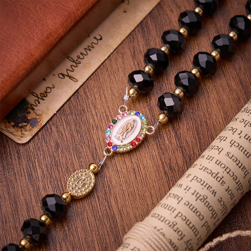 Christianartworkshop Luxe Black Faceted Glass Rosary Featuring Ornate Gilded Crucifix & Our Lady Medal - image 7