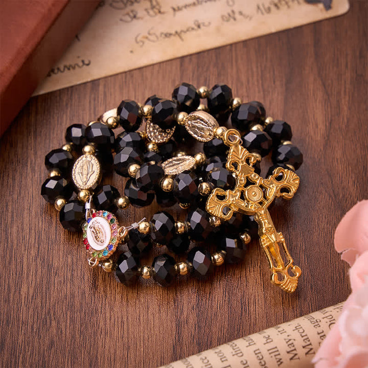 Christianartworkshop Luxe Black Faceted Glass Rosary Featuring Ornate Gilded Crucifix & Our Lady Medal - image 5