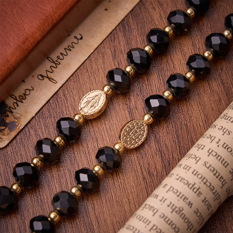Christianartworkshop Luxe Black Faceted Glass Rosary Featuring Ornate Gilded Crucifix & Our Lady Medal - image 6