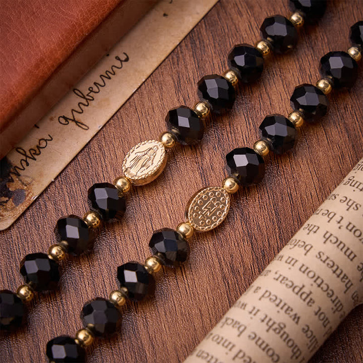 Christianartworkshop Luxe Black Faceted Glass Rosary Featuring Ornate Gilded Crucifix & Our Lady Medal - image 6