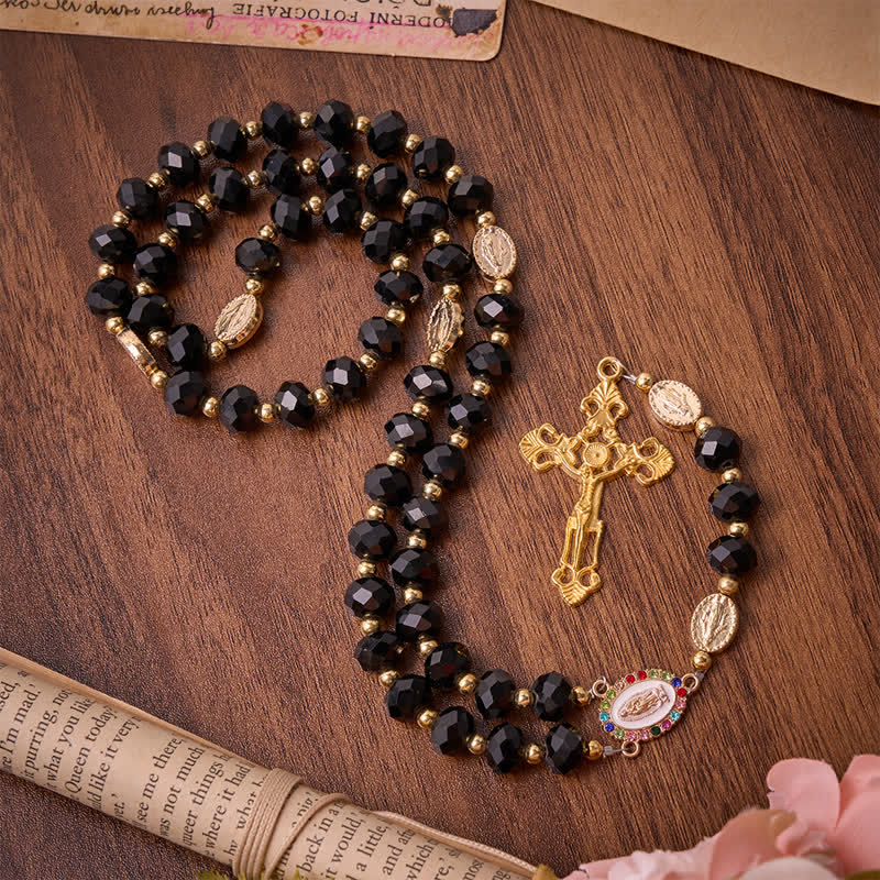 Christianartworkshop Luxe Black Faceted Glass Rosary Featuring Ornate Gilded Crucifix & Our Lady Medal - image 2