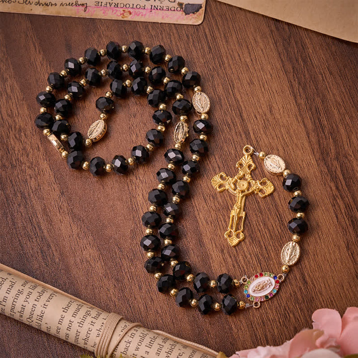 Christianartworkshop Luxe Black Faceted Glass Rosary Featuring Ornate Gilded Crucifix & Our Lady Medal - image 2