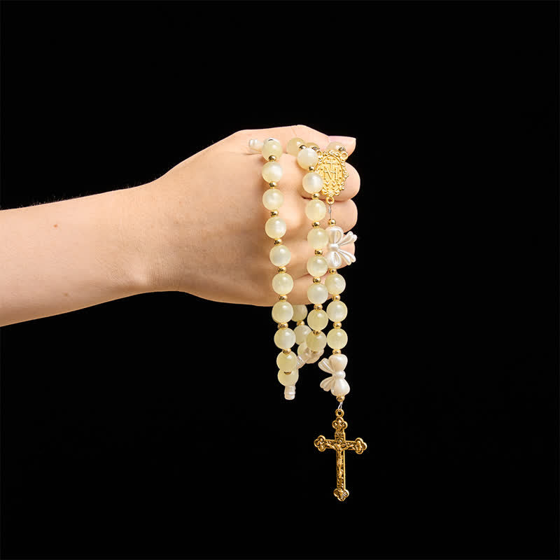 Christianartworkshop Pale Green Cat's Eye Resin Bow Rosary With Gilded Cross: Emblem of Soft Heavenly Grace - image 1