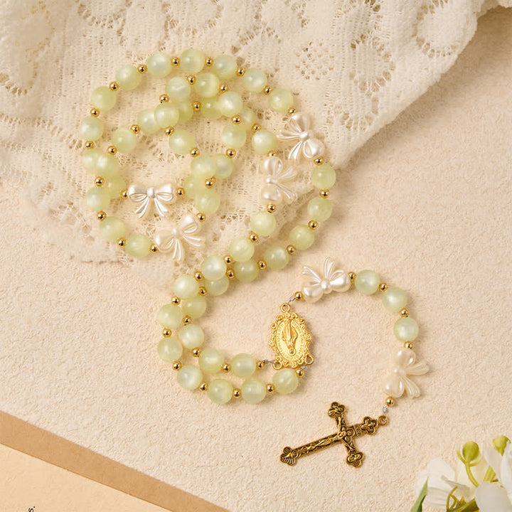 Christianartworkshop Pale Green Cat's Eye Resin Bow Rosary With Gilded Cross: Emblem of Soft Heavenly Grace - image 4
