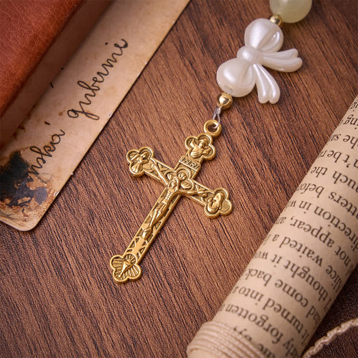 Christianartworkshop Pale Green Cat's Eye Resin Bow Rosary With Gilded Cross: Emblem of Soft Heavenly Grace - image 8