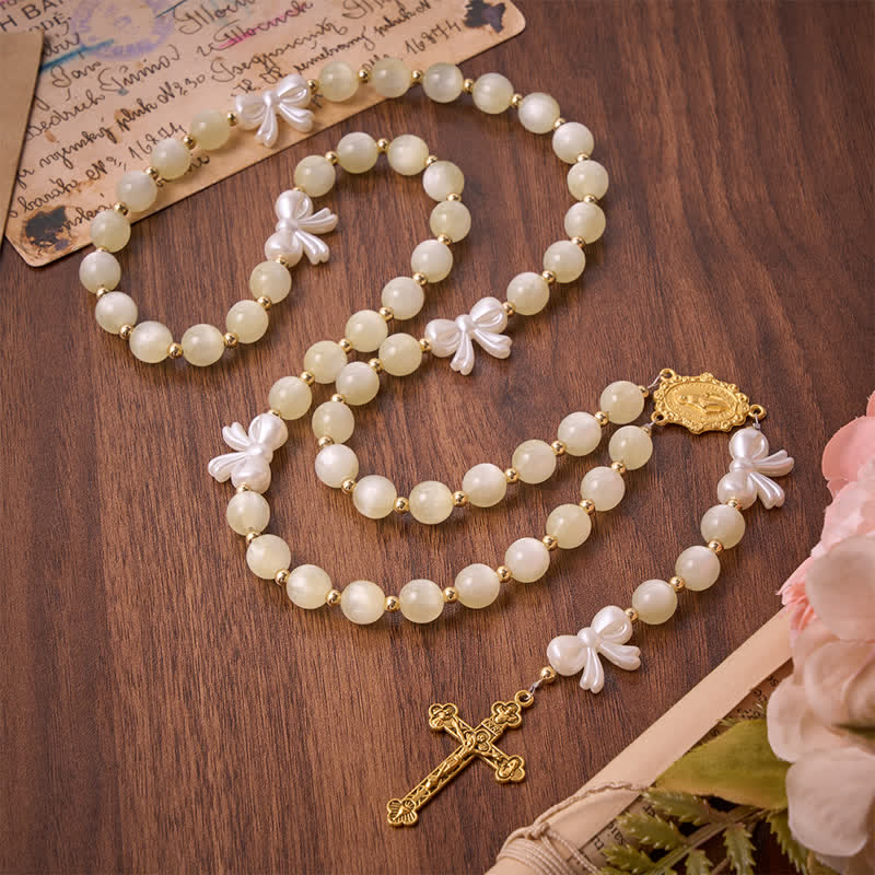 Christianartworkshop Pale Green Cat's Eye Resin Bow Rosary With Gilded Cross: Emblem of Soft Heavenly Grace - image 2
