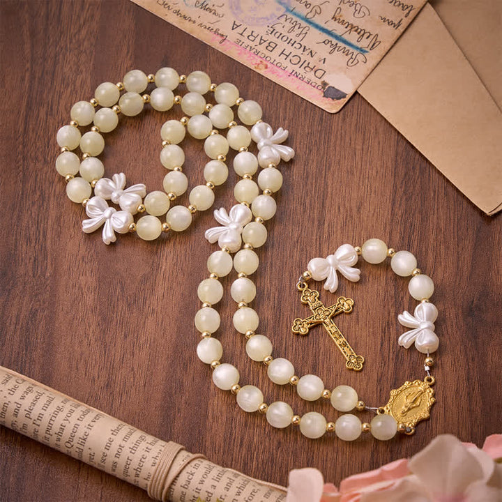 Christianartworkshop Pale Green Cat's Eye Resin Bow Rosary With Gilded Cross: Emblem of Soft Heavenly Grace - image 0