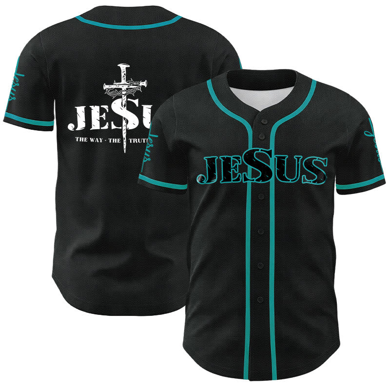Christianartworkshop Jesus Cross Nail and Crown of Thorns Baseball Jersey - Black Jesus - Lake Blue - 5XL - image 17